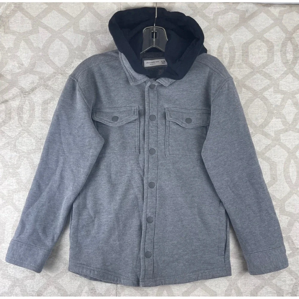 Abercrombie Kids Boys Gray Navy Blue Hooded Shirt Jacket Shacket Size 9/10‎